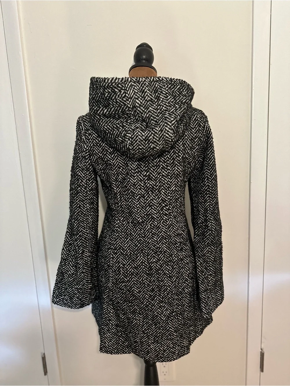 Guess Black and White Herringbone Hooded Fit-and-Flare Dress Coat